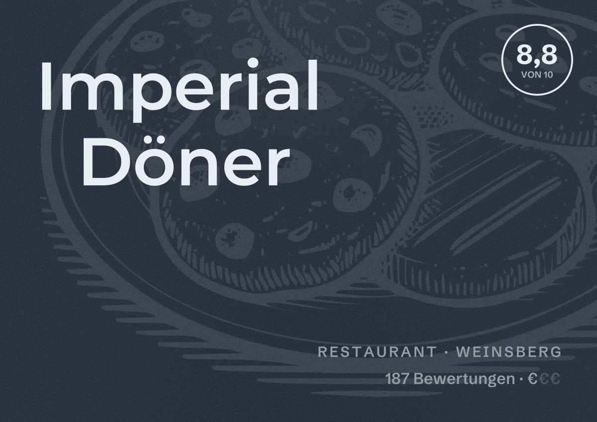 Illustriertes Poster von Imperial Döner, Restaurant in Weinsberg: Bewertung 8,8 von 10 aus 187 Bewertungen, Preisniveau €