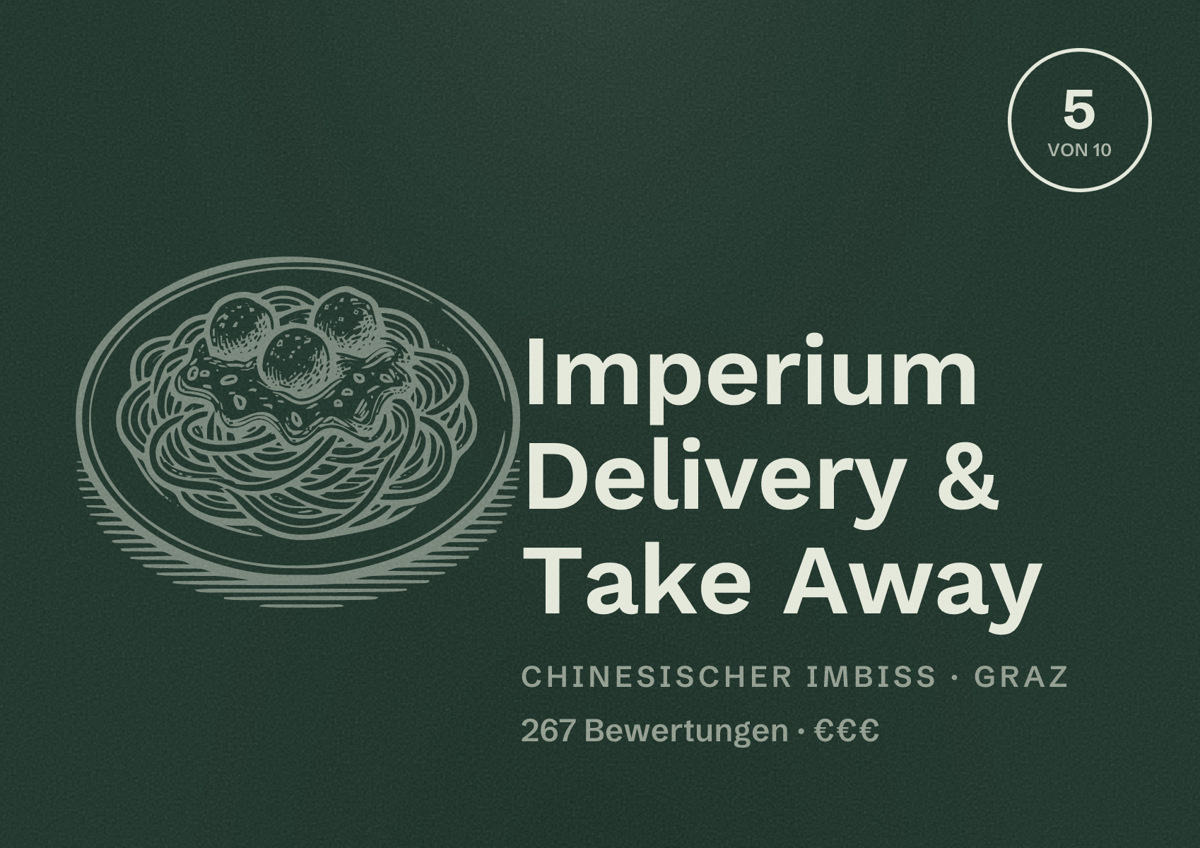 Illustriertes Poster von Imperium Delivery & Take Away, Chinesischer Imbiss in Graz: Bewertung 5 von 10 aus 267 Bewertungen, Preisniveau €€€