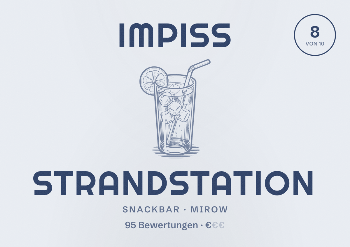 Illustriertes Poster von Impiss Strandstation, Snackbar in Mirow: Bewertung 8 von 10 aus 95 Bewertungen, Preisniveau €