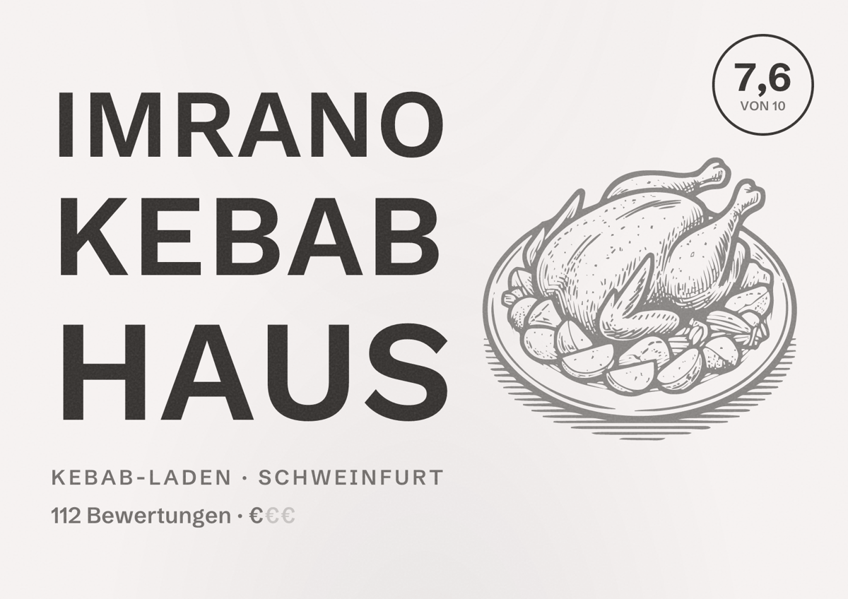 Illustriertes Poster von IMRANO KEBAB HAUS, Kebab-Laden in Schweinfurt: Bewertung 7,6 von 10 aus 112 Bewertungen, Preisniveau €