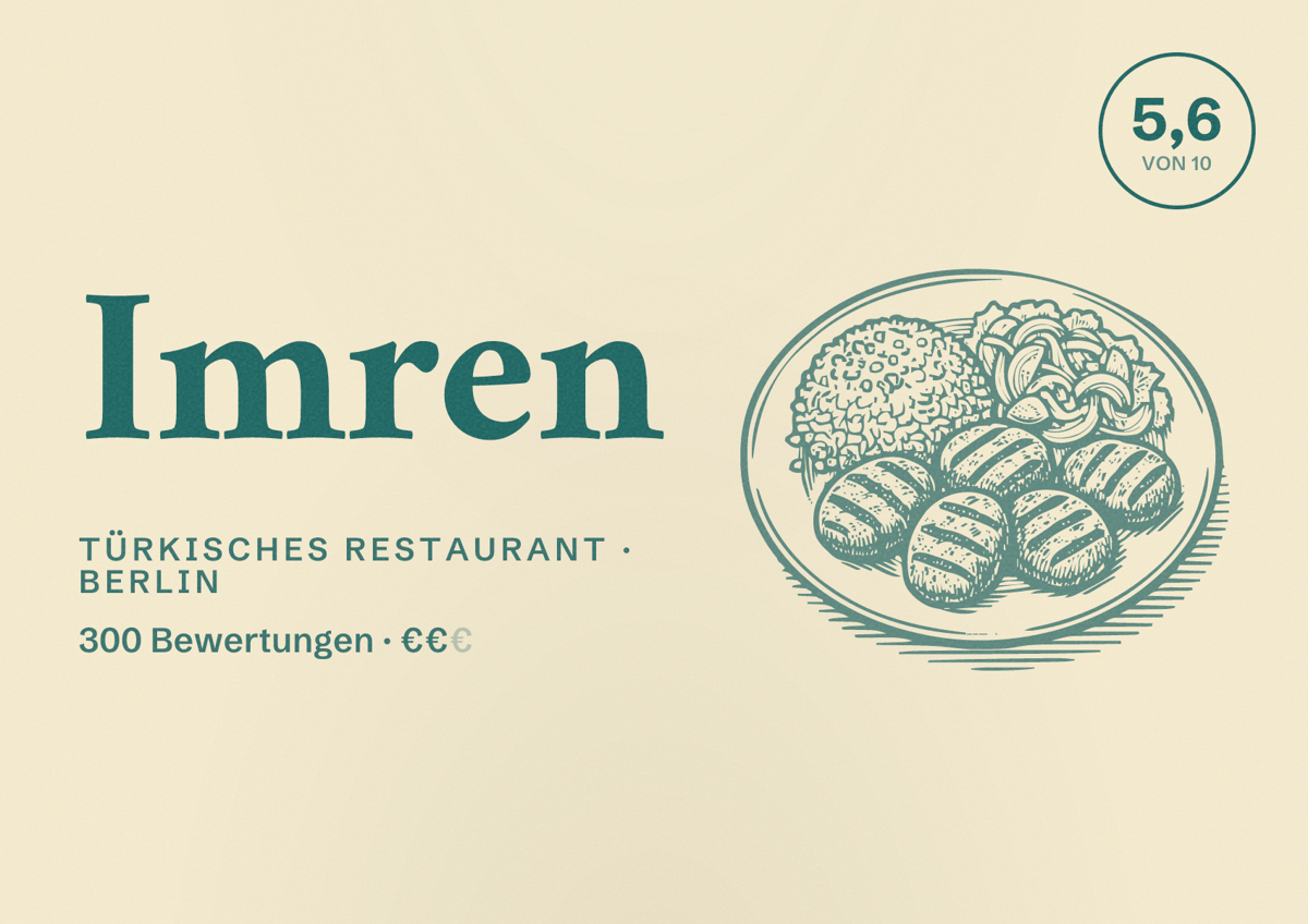 Illustriertes Poster von Imren, Türkisches Restaurant in Berlin: Bewertung 5,6 von 10 aus 300 Bewertungen, Preisniveau €€
