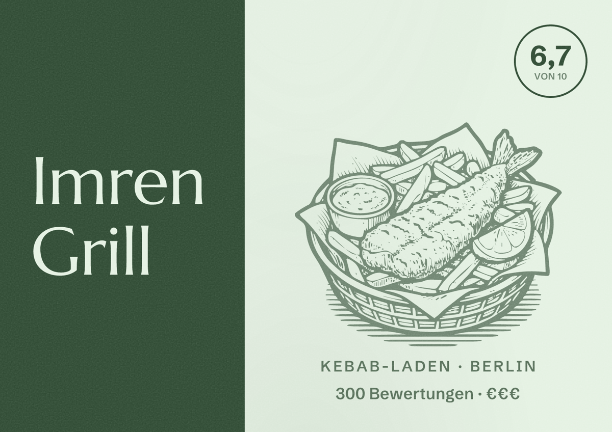 Illustriertes Poster von Imren Grill, Kebab-Laden in Berlin: Bewertung 6,7 von 10 aus 300 Bewertungen, Preisniveau €€€