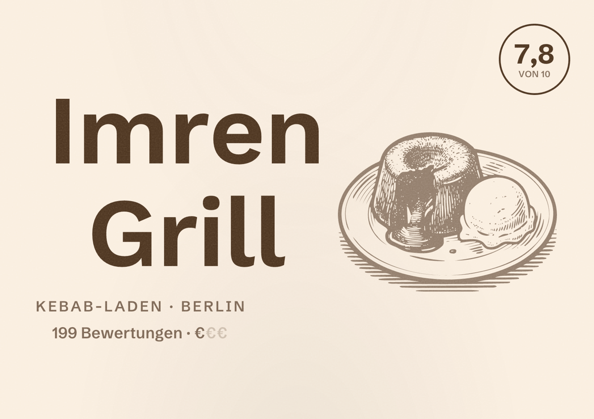 Illustriertes Poster von Imren Grill, Kebab-Laden in Berlin: Bewertung 7,8 von 10 aus 199 Bewertungen, Preisniveau €