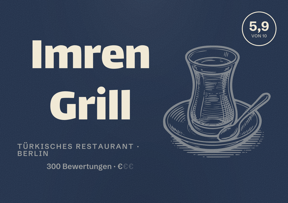 Illustriertes Poster von Imren Grill, Türkisches Restaurant in Berlin: Bewertung 5,9 von 10 aus 300 Bewertungen, Preisniveau €