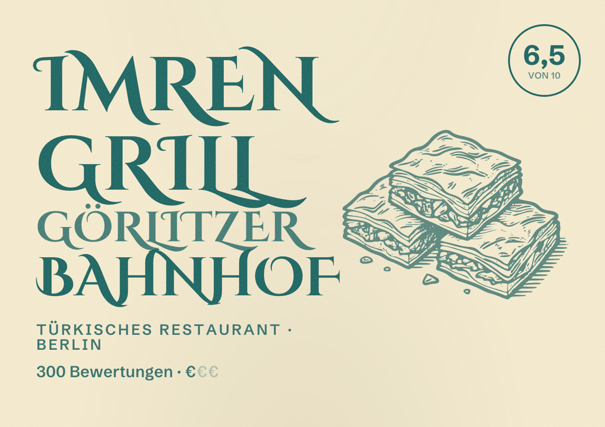 Illustriertes Poster von Imren Grill Görlitzer Bahnhof, Türkisches Restaurant in Berlin: Bewertung 6,5 von 10 aus 300 Bewertungen, Preisniveau €