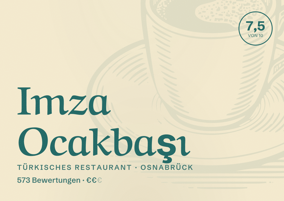 Illustriertes Poster von Imza Ocakbaşı, Türkisches Restaurant in Osnabrück: Bewertung 7,5 von 10 aus 573 Bewertungen, Preisniveau €€