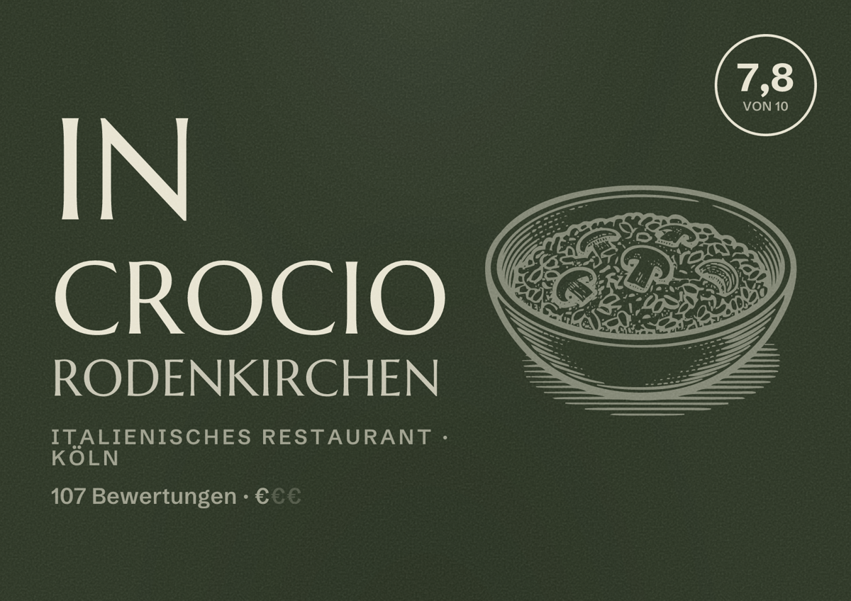 Illustriertes Poster von IN CROCIO Rodenkirchen, Italienisches Restaurant in Köln: Bewertung 7,8 von 10 aus 107 Bewertungen, Preisniveau €