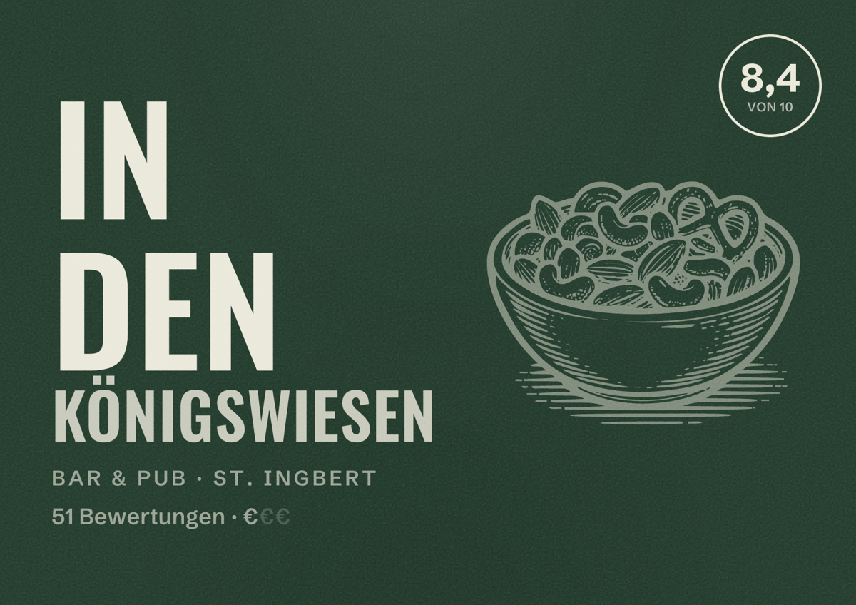 Illustriertes Poster von In den Königswiesen, Bar & Pub in St. Ingbert: Bewertung 8,4 von 10 aus 51 Bewertungen, Preisniveau €