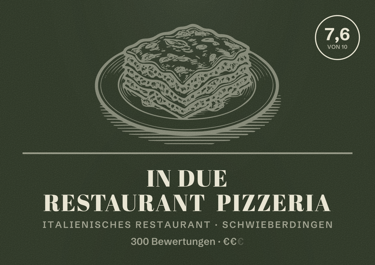 Illustriertes Poster von In due Restaurant Pizzeria, Italienisches Restaurant in Schwieberdingen: Bewertung 7,6 von 10 aus 300 Bewertungen, Preisniveau €€