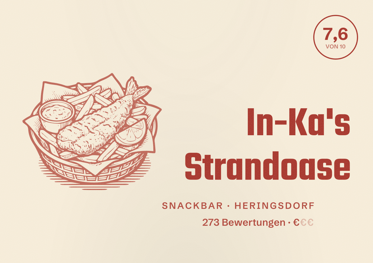 Illustriertes Poster von In-Ka's Strandoase, Snackbar in Heringsdorf: Bewertung 7,6 von 10 aus 273 Bewertungen, Preisniveau €