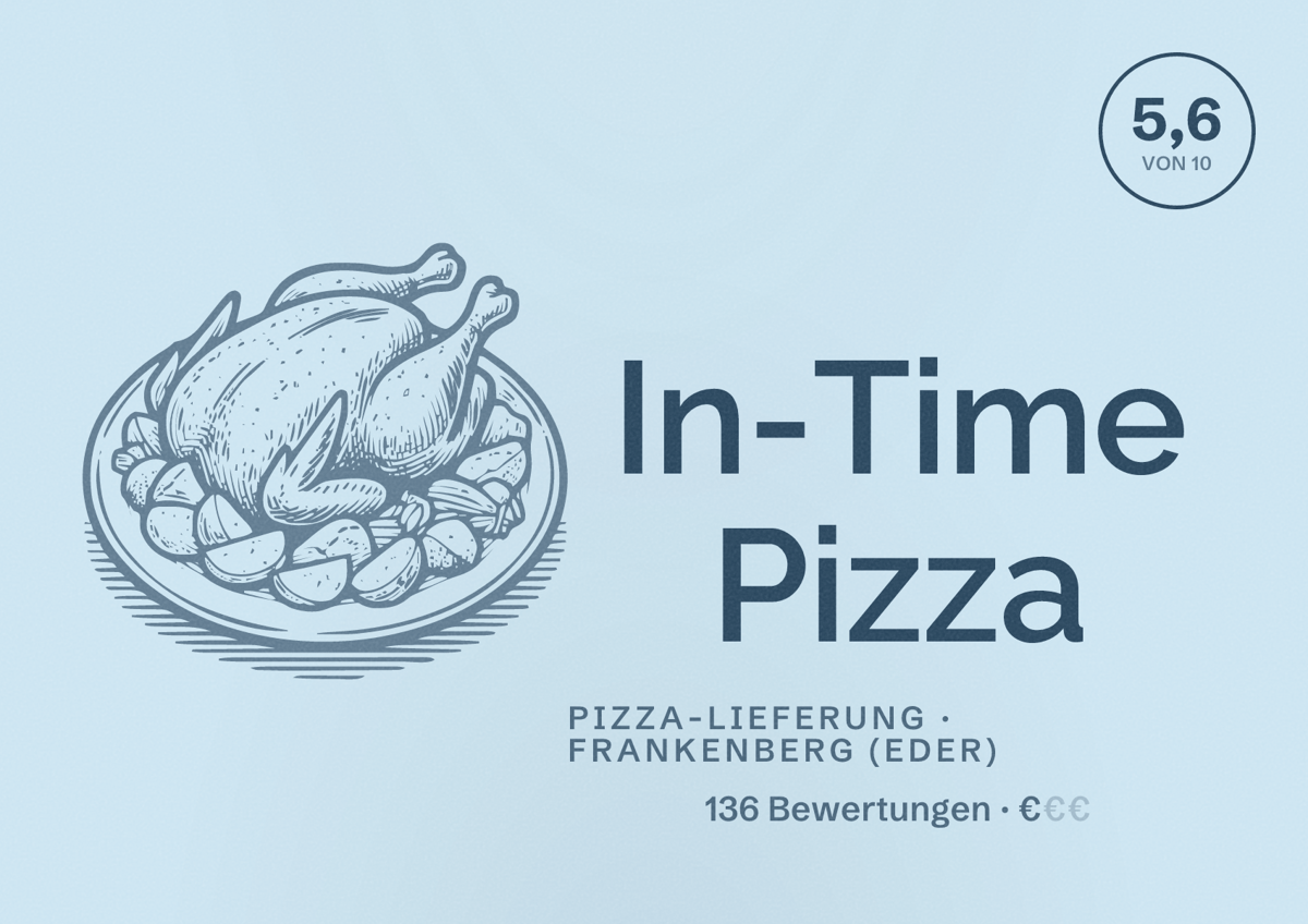 Illustriertes Poster von In-Time Pizza, Pizza-Lieferung in Frankenberg (Eder): Bewertung 5,6 von 10 aus 136 Bewertungen, Preisniveau €