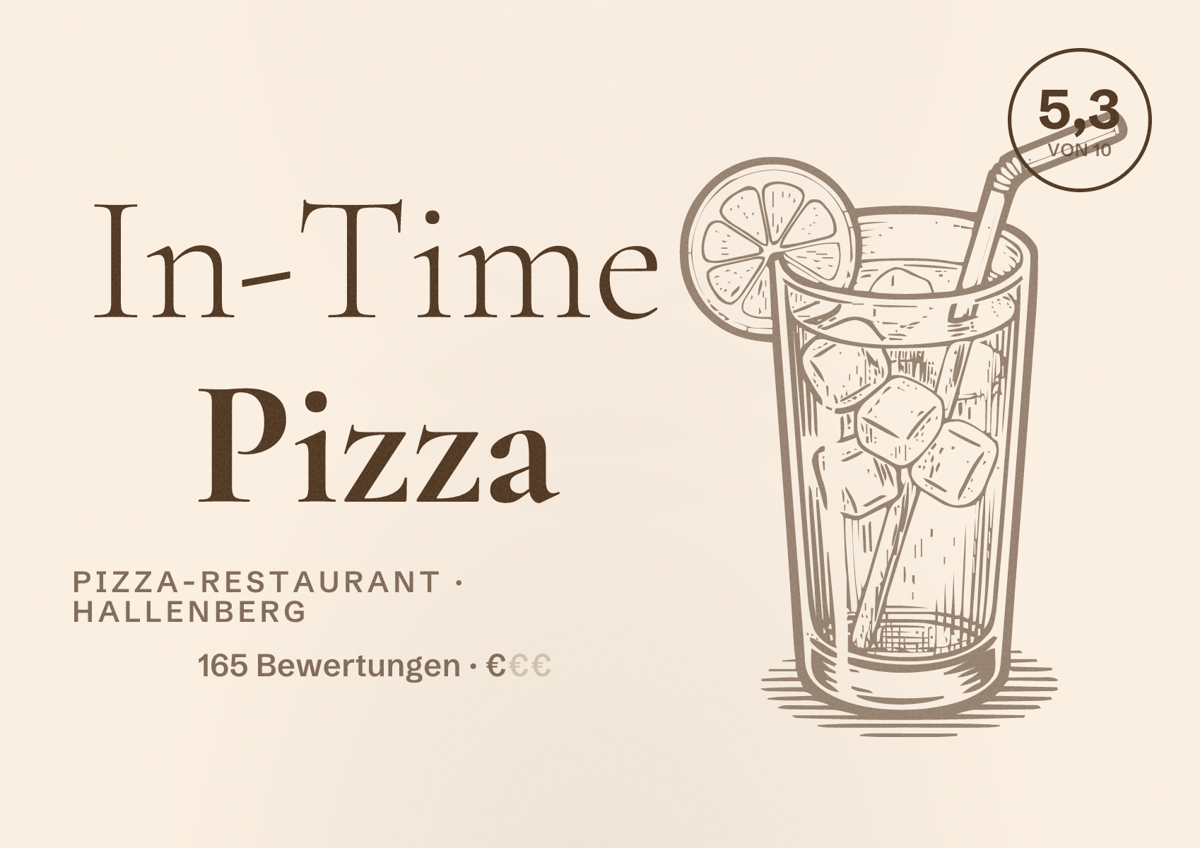 Illustriertes Poster von In-Time Pizza, Pizza-Restaurant in Hallenberg: Bewertung 5,3 von 10 aus 165 Bewertungen, Preisniveau €