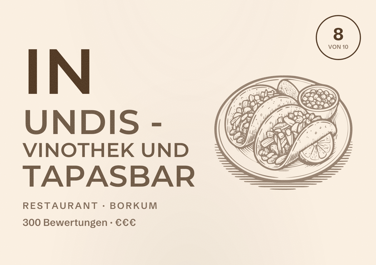 Illustriertes Poster von In Undis - Vinothek und Tapasbar, Restaurant in Borkum: Bewertung 8 von 10 aus 300 Bewertungen, Preisniveau €€€