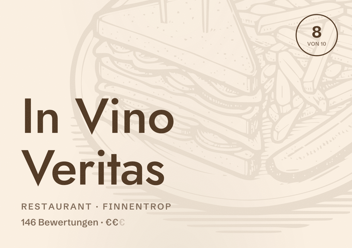 Illustriertes Poster von In Vino Veritas, Restaurant in Finnentrop: Bewertung 8 von 10 aus 146 Bewertungen, Preisniveau €€