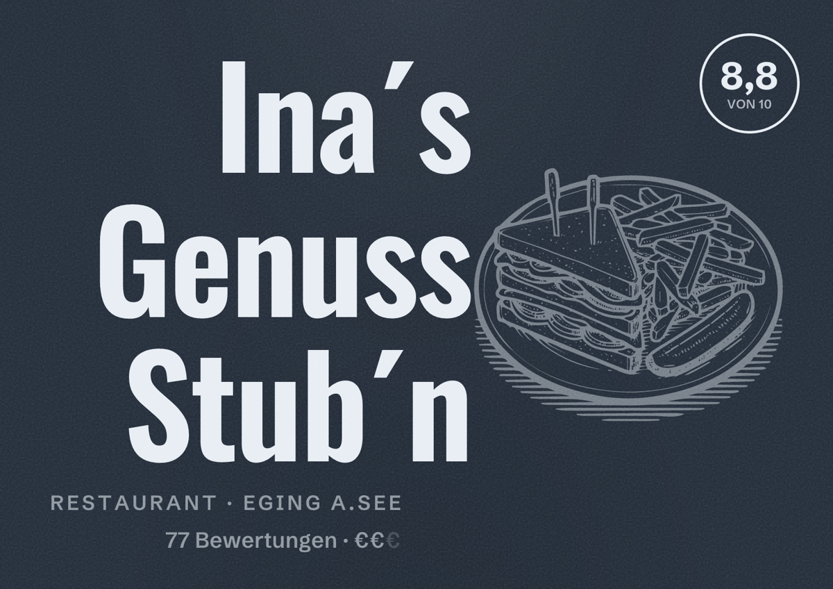 Illustriertes Poster von Ina´s Genuss Stub´n, Restaurant in Eging a.See: Bewertung 8,8 von 10 aus 77 Bewertungen, Preisniveau €€