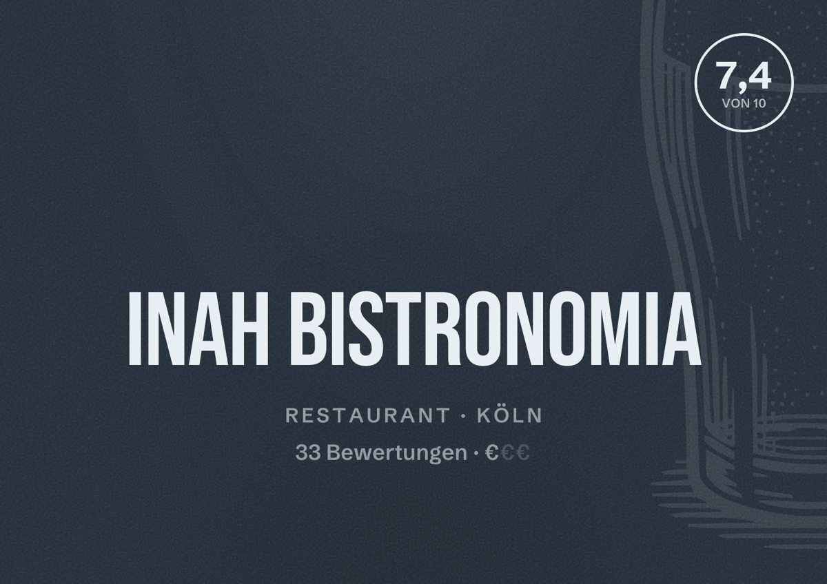 Illustriertes Poster von INAH Bistronomia, Restaurant in Köln: Bewertung 7,4 von 10 aus 33 Bewertungen, Preisniveau €