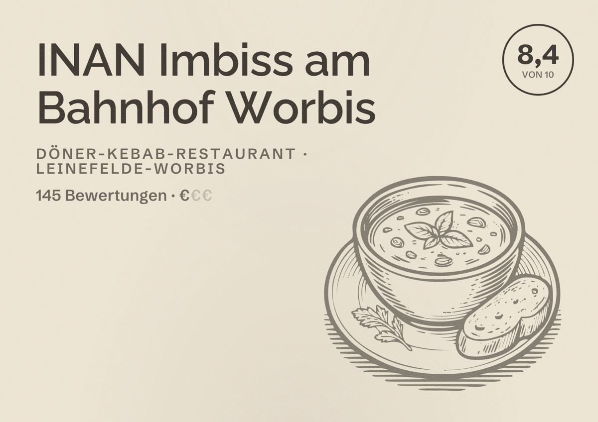 Illustriertes Poster von INAN Imbiss am Bahnhof Worbis, Döner-Kebab-Restaurant in Leinefelde-Worbis: Bewertung 8,4 von 10 aus 145 Bewertungen, Preisniveau €