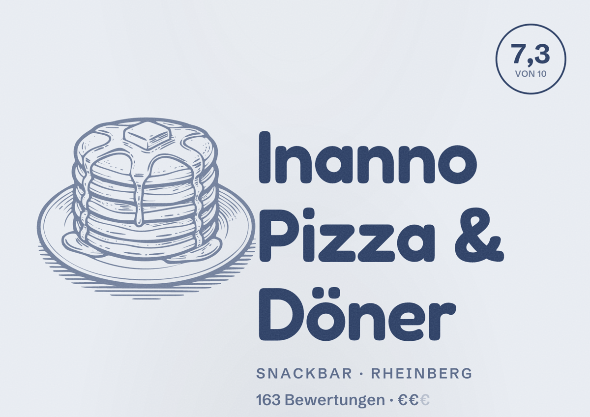Illustriertes Poster von Inanno Pizza & Döner, Snackbar in Rheinberg: Bewertung 7,3 von 10 aus 163 Bewertungen, Preisniveau €€
