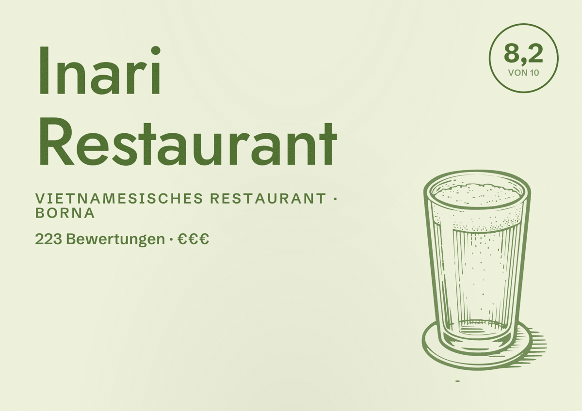 Illustriertes Poster von Inari Restaurant, Vietnamesisches Restaurant in Borna: Bewertung 8,2 von 10 aus 223 Bewertungen, Preisniveau €€€