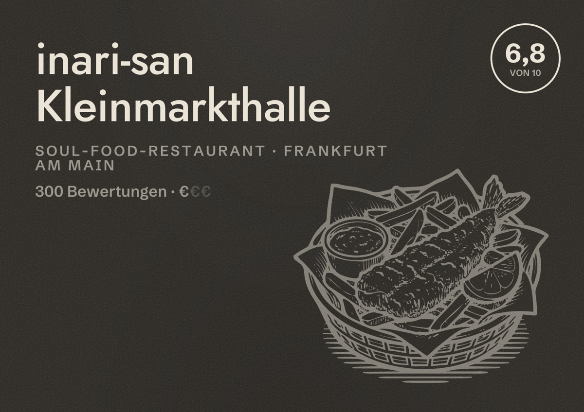 Illustriertes Poster von inari-san Kleinmarkthalle, Soul-Food-Restaurant in Frankfurt am Main: Bewertung 6,8 von 10 aus 300 Bewertungen, Preisniveau €