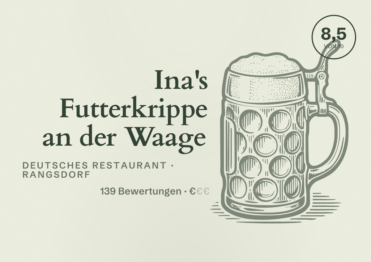Illustriertes Poster von Ina's Futterkrippe an der Waage, Deutsches Restaurant in Rangsdorf: Bewertung 8,5 von 10 aus 139 Bewertungen, Preisniveau €