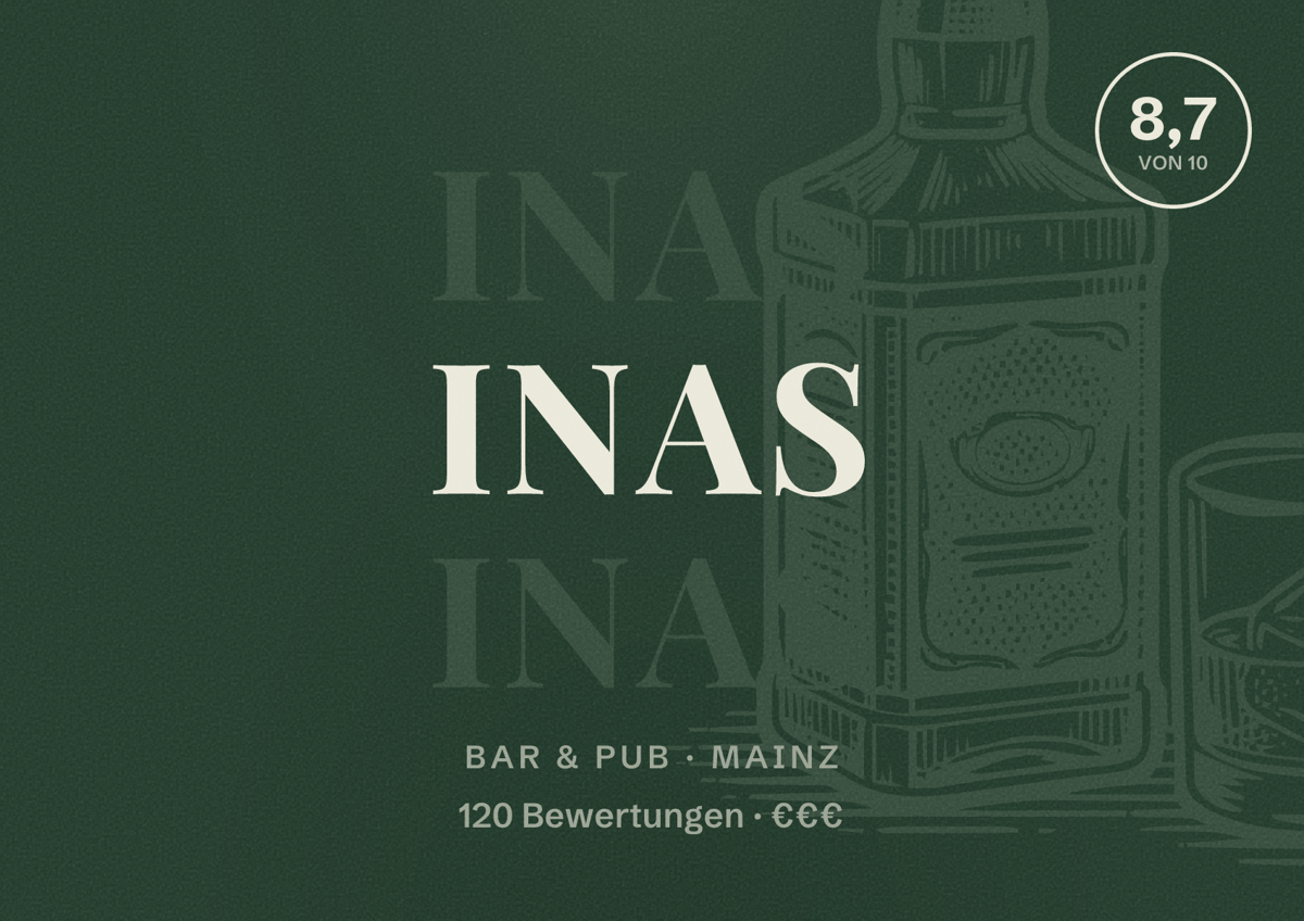 Illustriertes Poster von INAS, Bar & Pub in Mainz: Bewertung 8,7 von 10 aus 120 Bewertungen, Preisniveau €€€
