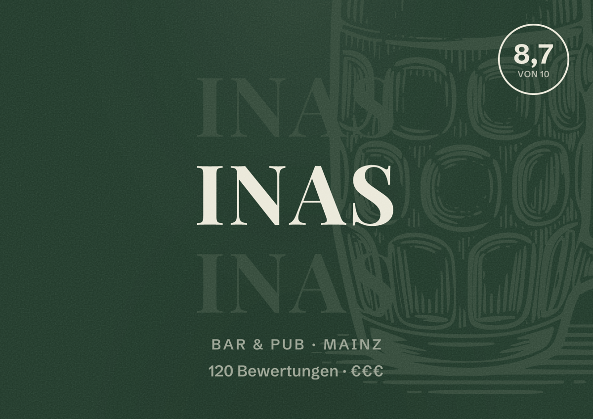 Illustriertes Poster von INAS, Bar & Pub in Mainz: Bewertung 8,7 von 10 aus 120 Bewertungen, Preisniveau €€€