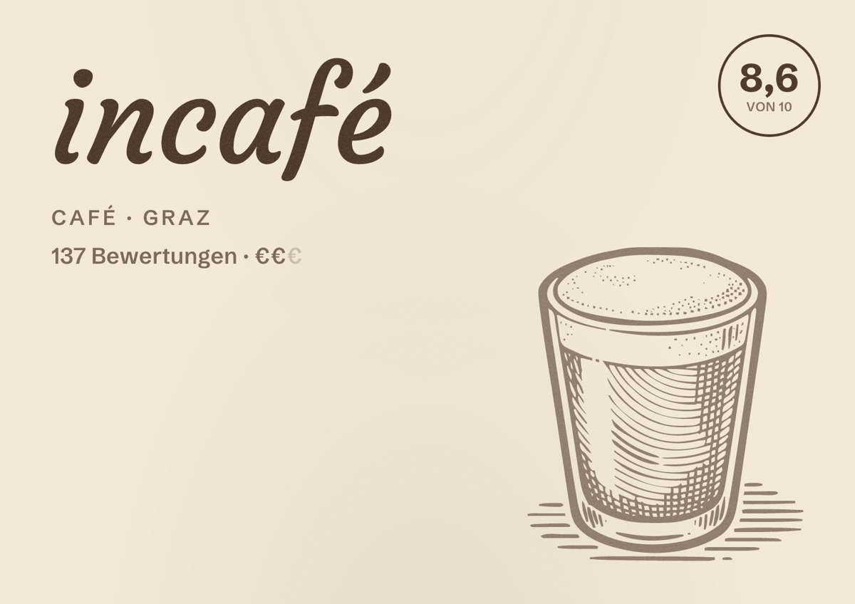 Illustriertes Poster von incafé, Café in Graz: Bewertung 8,6 von 10 aus 137 Bewertungen, Preisniveau €€