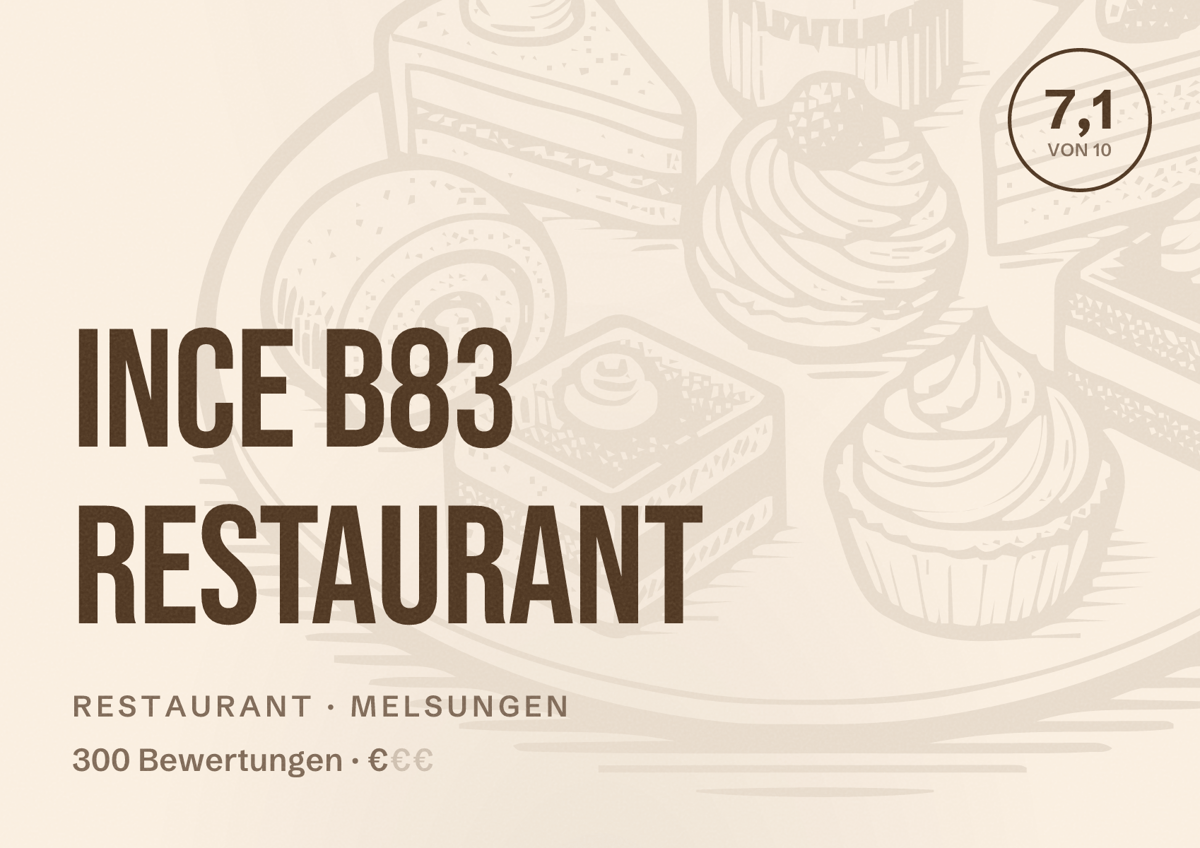 Illustriertes Poster von Ince B83 Restaurant, Restaurant in Melsungen: Bewertung 7,1 von 10 aus 300 Bewertungen, Preisniveau €