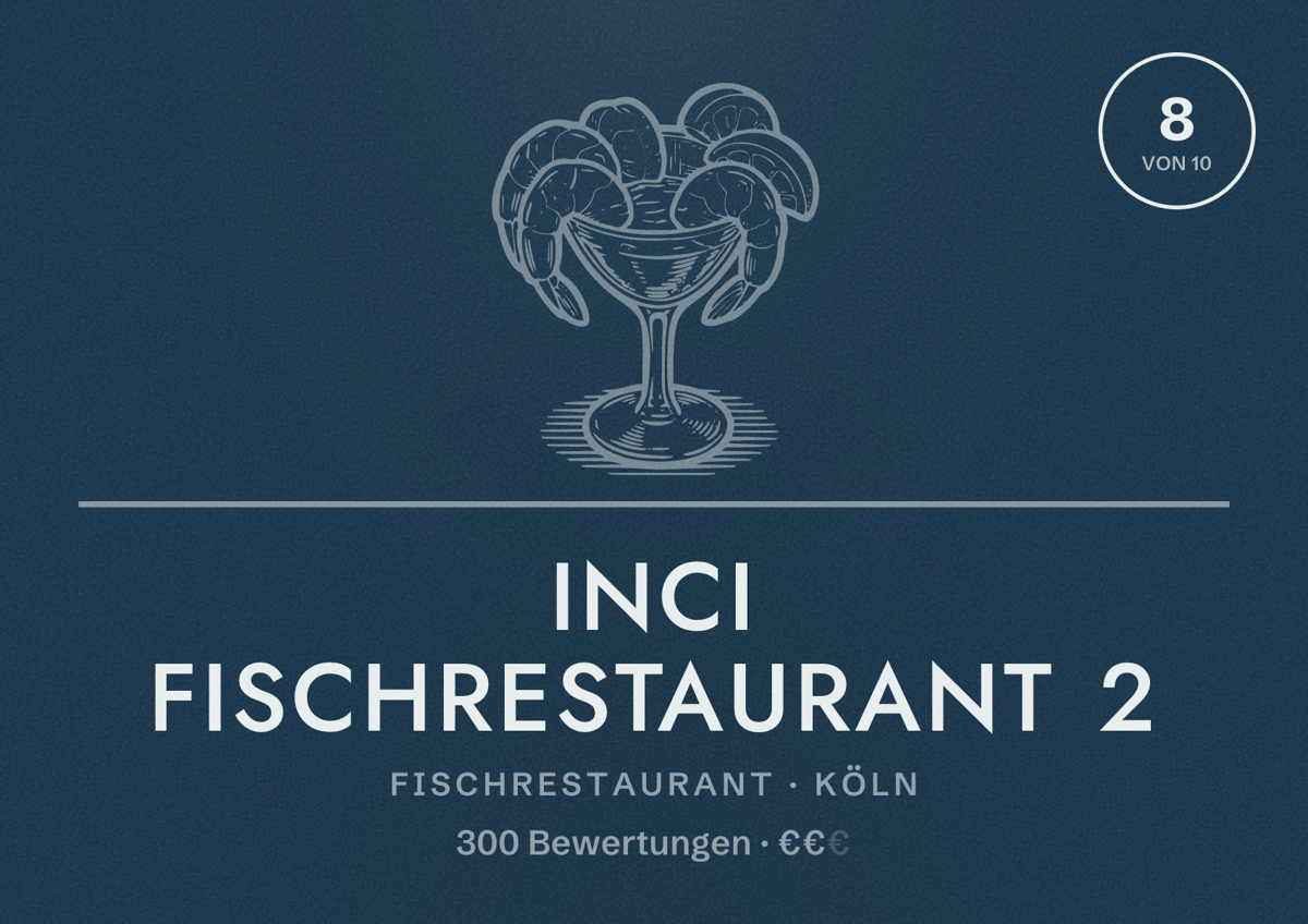 Illustriertes Poster von Inci Fischrestaurant 2, Fischrestaurant in Köln: Bewertung 8,0 von 10 aus 300 Bewertungen, Preisniveau €€