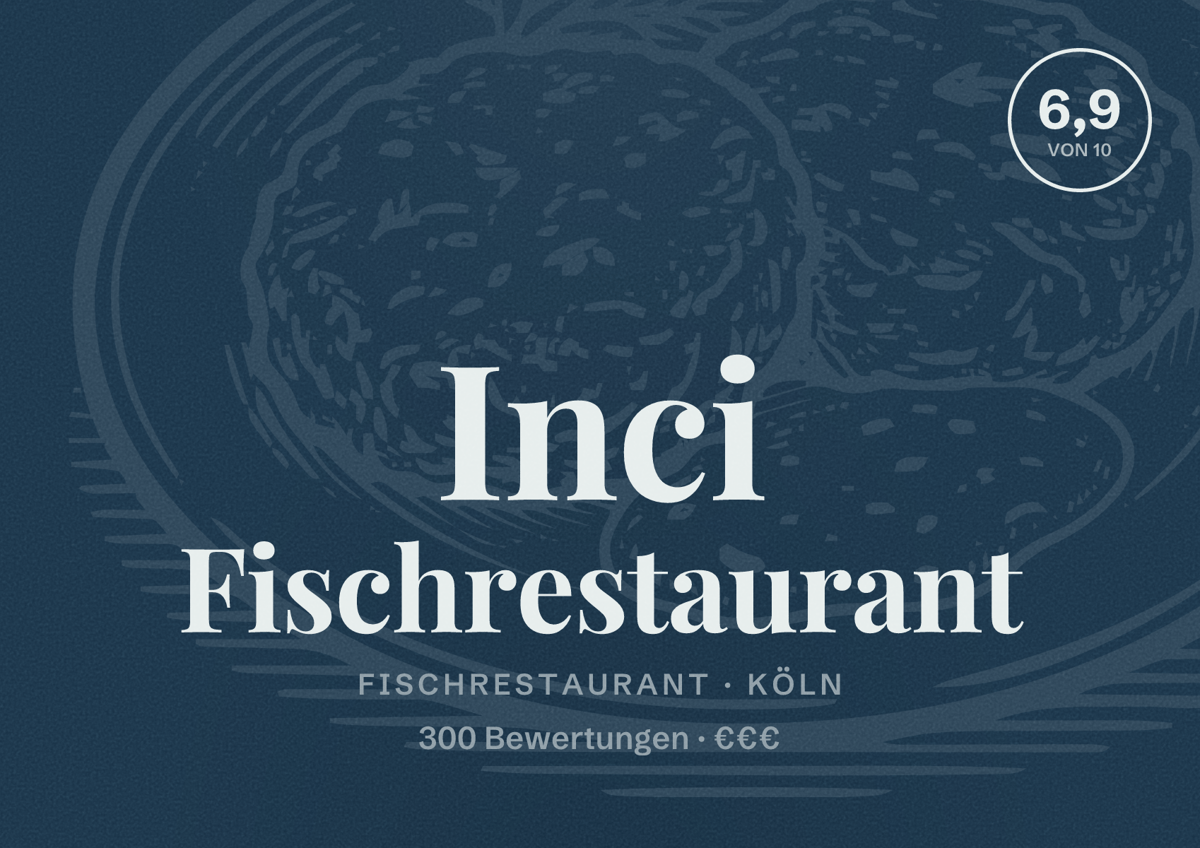 Illustriertes Poster von Inci Fischrestaurant, Fischrestaurant in Köln: Bewertung 6,9 von 10 aus 300 Bewertungen, Preisniveau €€€