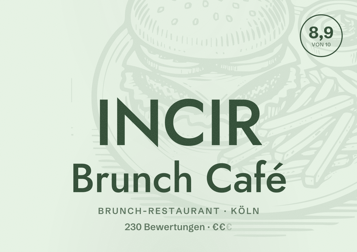 Illustriertes Poster von INCIR Brunch Café, Brunch-Restaurant in Köln: Bewertung 8,9 von 10 aus 230 Bewertungen, Preisniveau €€
