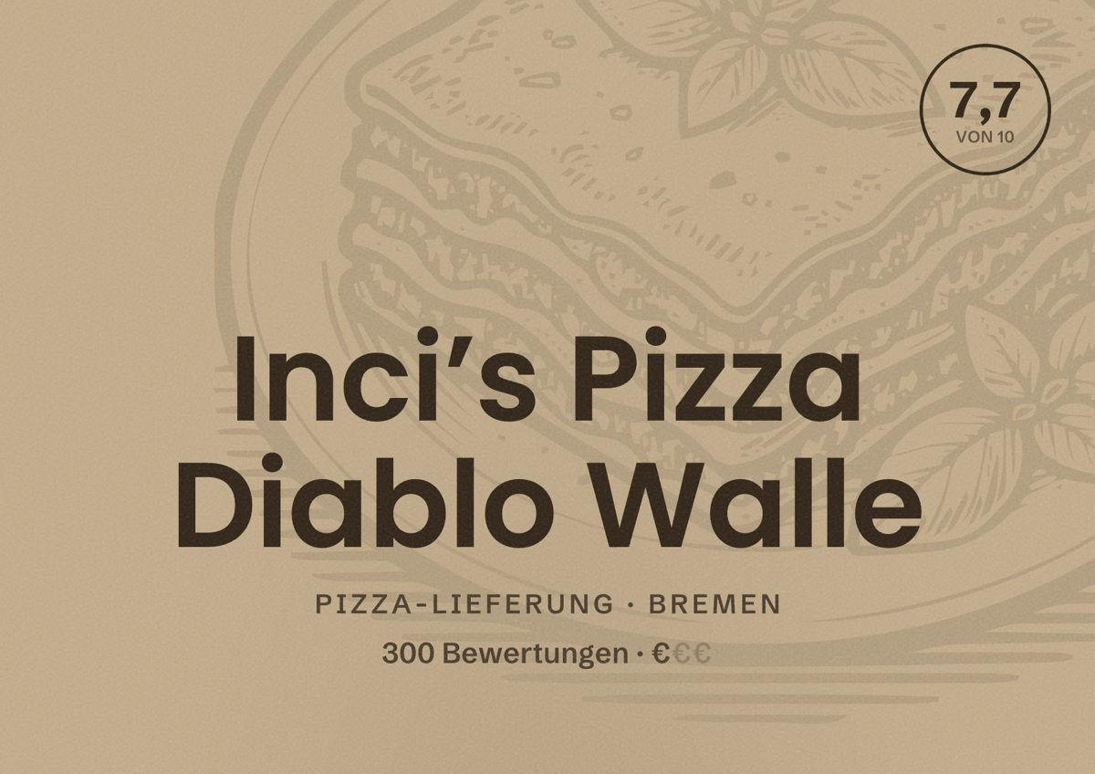 Illustriertes Poster von Inci’s Pizza Diablo Walle, Pizza-Lieferung in Bremen: Bewertung 7,7 von 10 aus 300 Bewertungen, Preisniveau €