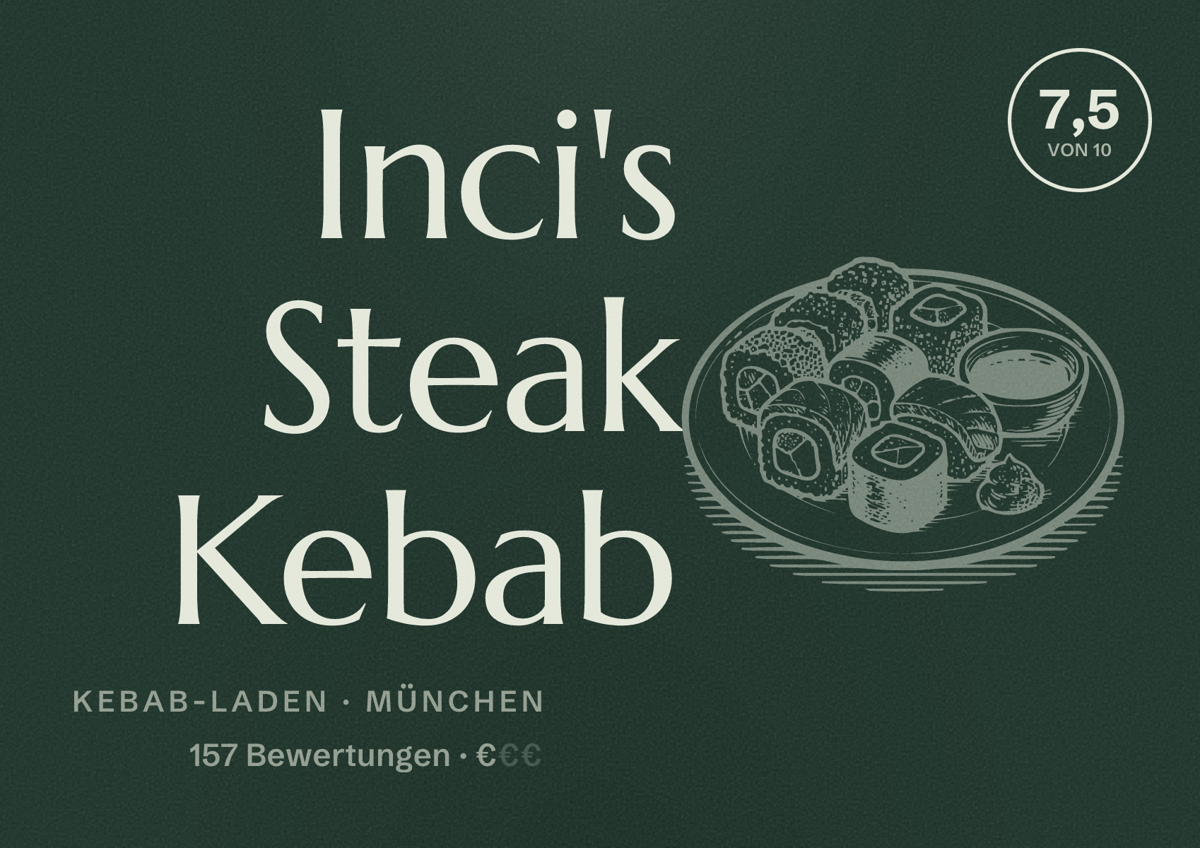 Illustriertes Poster von Inci's Steak Kebab, Kebab-Laden in München: Bewertung 7,5 von 10 aus 157 Bewertungen, Preisniveau €