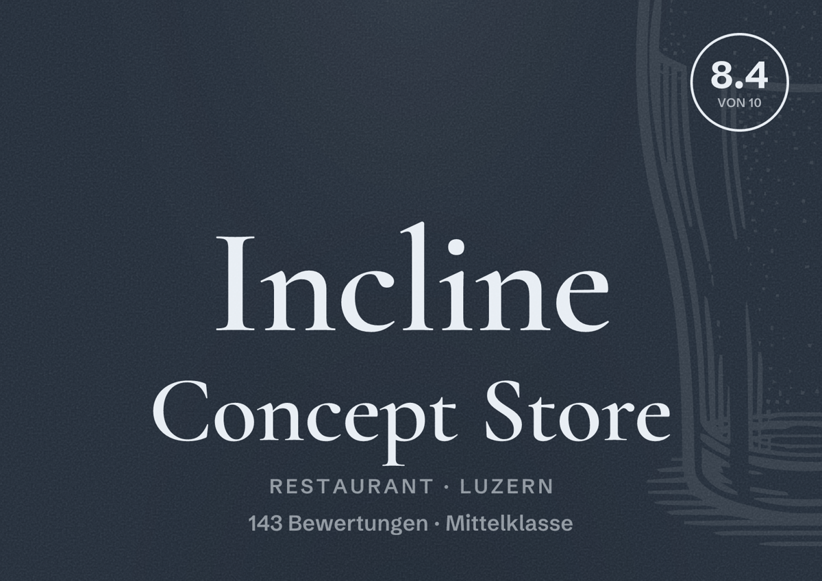 Illustriertes Poster von Incline Concept Store, Restaurant in Luzern: Bewertung 8.4 von 10 aus 143 Bewertungen, Preisniveau Mittelklasse