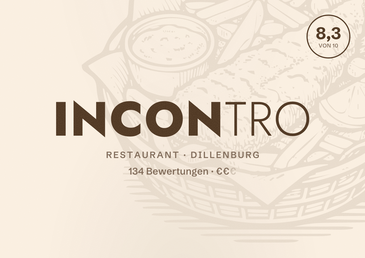 Illustriertes Poster von Incontro, Restaurant in Dillenburg: Bewertung 8,3 von 10 aus 134 Bewertungen, Preisniveau €€