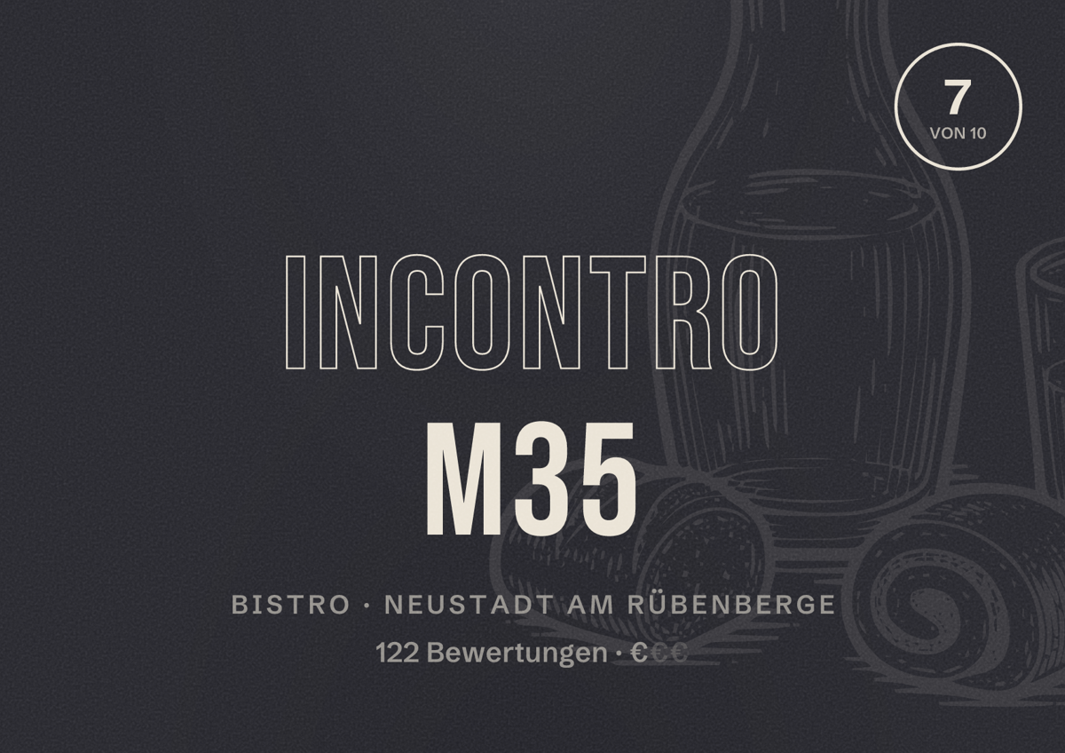 Illustriertes Poster von Incontro M35, Bistro in Neustadt am Rübenberge: Bewertung 7 von 10 aus 122 Bewertungen, Preisniveau €