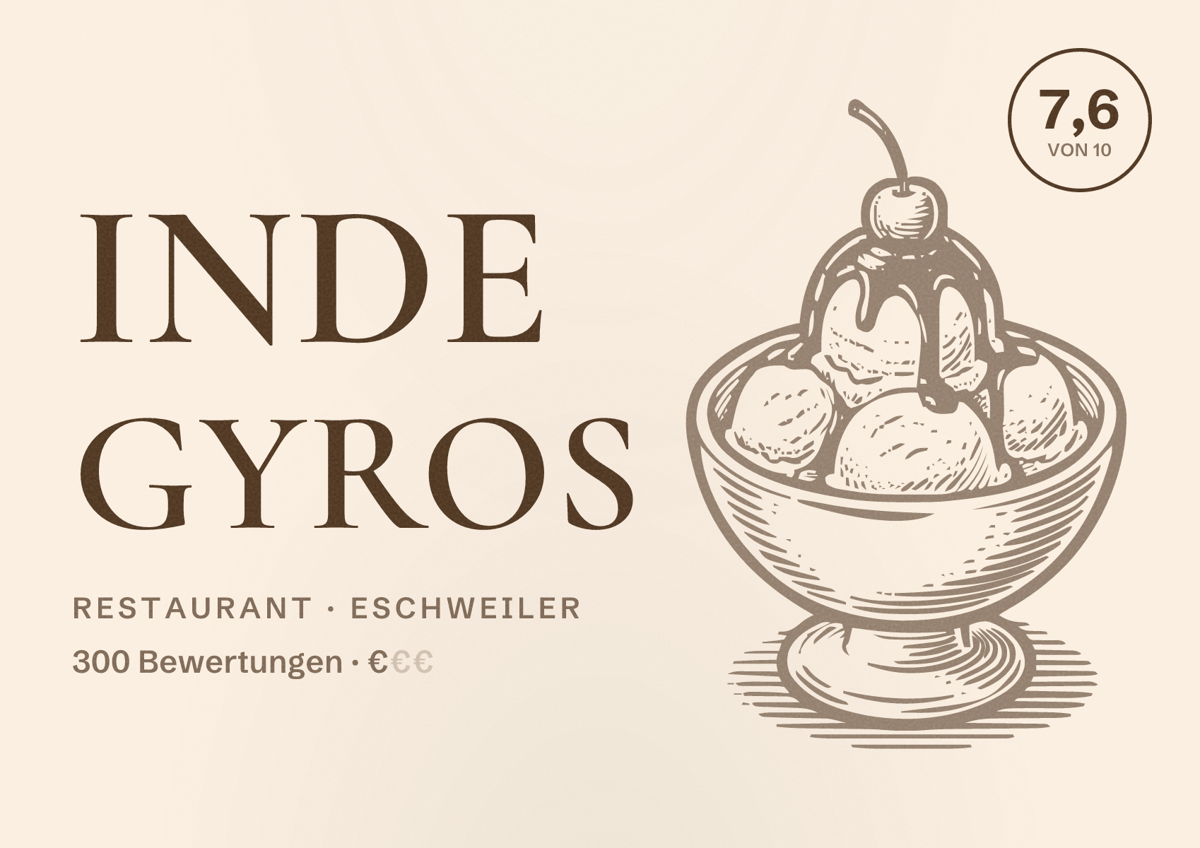 Illustriertes Poster von INDE GYROS, Restaurant in Eschweiler: Bewertung 7,6 von 10 aus 300 Bewertungen, Preisniveau €