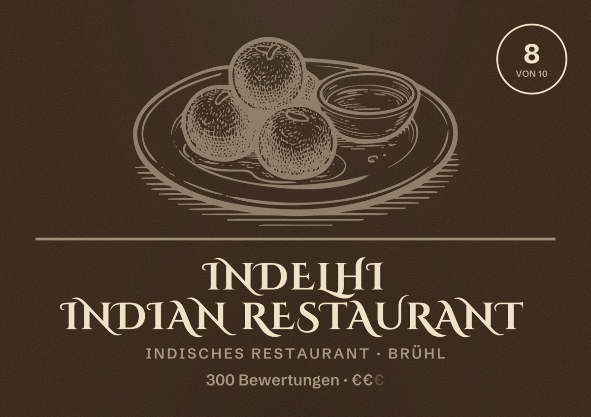 Illustriertes Poster von inDelhi Indian Restaurant, Indisches Restaurant in Brühl: Bewertung 8 von 10 aus 300 Bewertungen, Preisniveau €€