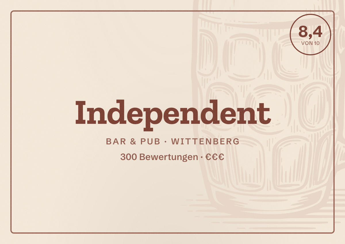 Illustriertes Poster von Independent, Bar & Pub in Wittenberg: Bewertung 8,4 von 10 aus 300 Bewertungen, Preisniveau €€€