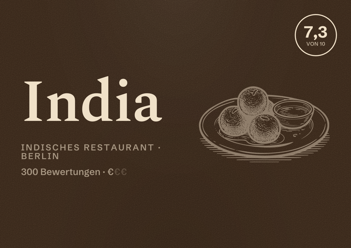 Illustriertes Poster von India, Indisches Restaurant in Berlin: Bewertung 7,3 von 10 aus 300 Bewertungen, Preisniveau €