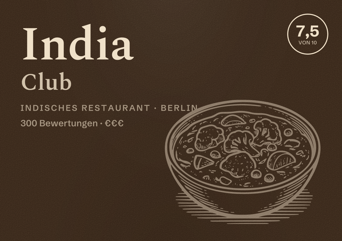 Illustriertes Poster von India Club, Indisches Restaurant in Berlin: Bewertung 7,5 von 10 aus 300 Bewertungen, Preisniveau €€€