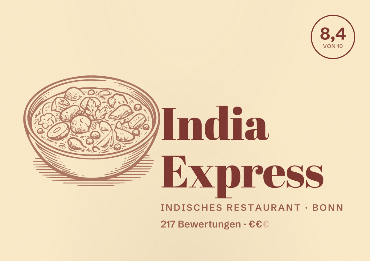 Illustriertes Poster von India Express, Indisches Restaurant in Bonn: Bewertung 8,4 von 10 aus 217 Bewertungen, Preisniveau €€