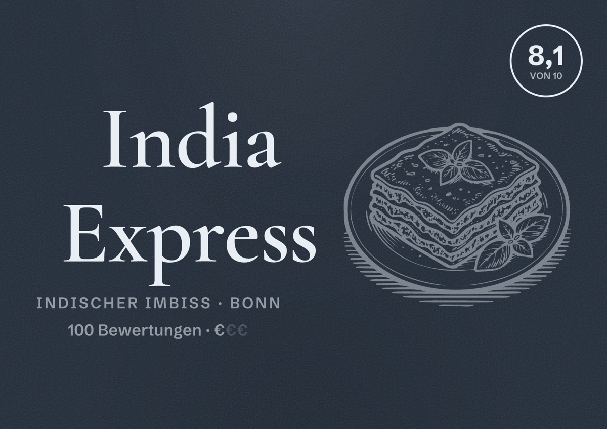 Illustriertes Poster von India Express, Indischer Imbiss in Bonn: Bewertung 8,1 von 10 aus 100 Bewertungen, Preisniveau €