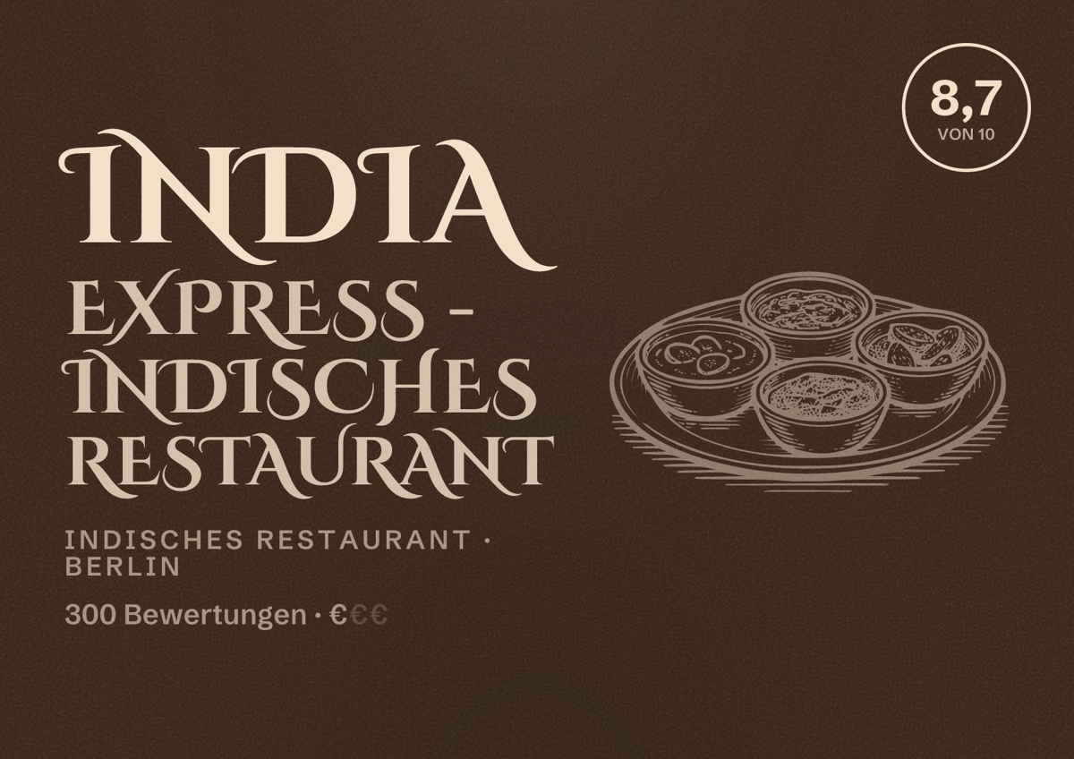 Illustriertes Poster von India Express - Indisches Restaurant, Indisches Restaurant in Berlin: Bewertung 8,7 von 10 aus 300 Bewertungen, Preisniveau €