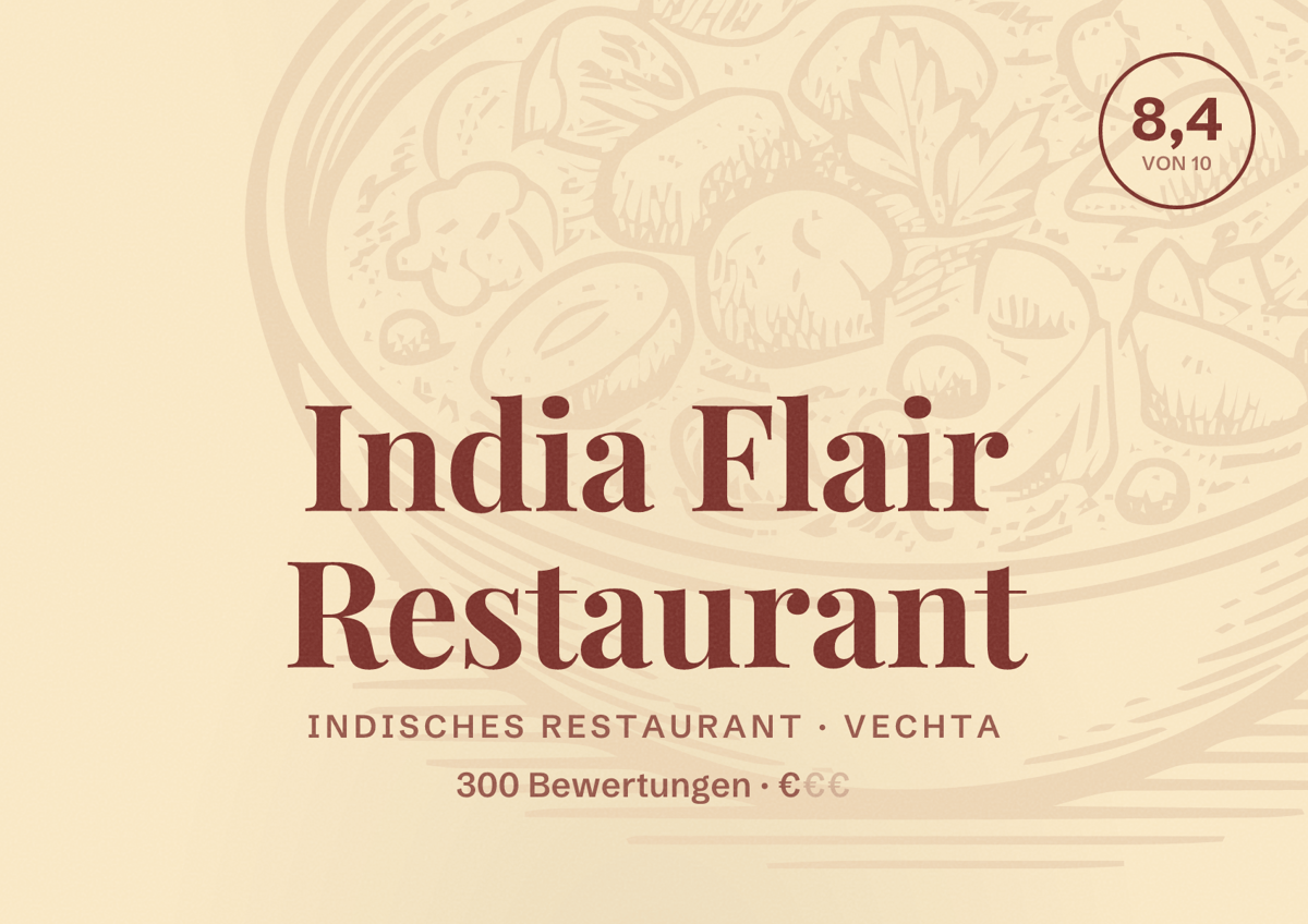 Illustriertes Poster von India Flair Restaurant, Indisches Restaurant in Vechta: Bewertung 8,4 von 10 aus 300 Bewertungen, Preisniveau €