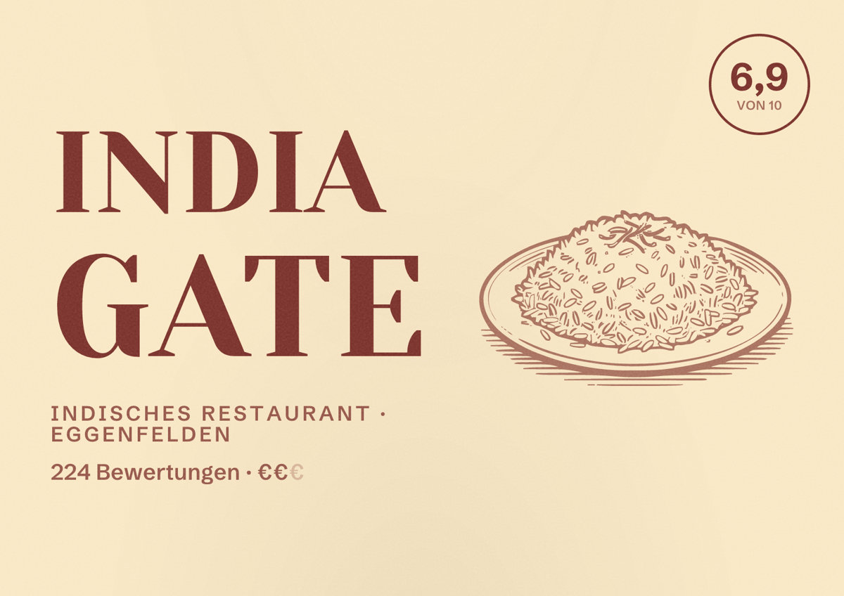Illustriertes Poster von India Gate, Indisches Restaurant in Eggenfelden: Bewertung 6,9 von 10 aus 224 Bewertungen, Preisniveau €€