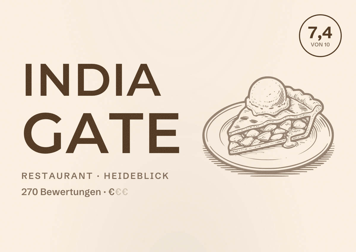 Illustriertes Poster von India Gate, Restaurant in Heideblick: Bewertung 7,4 von 10 aus 270 Bewertungen, Preisniveau €