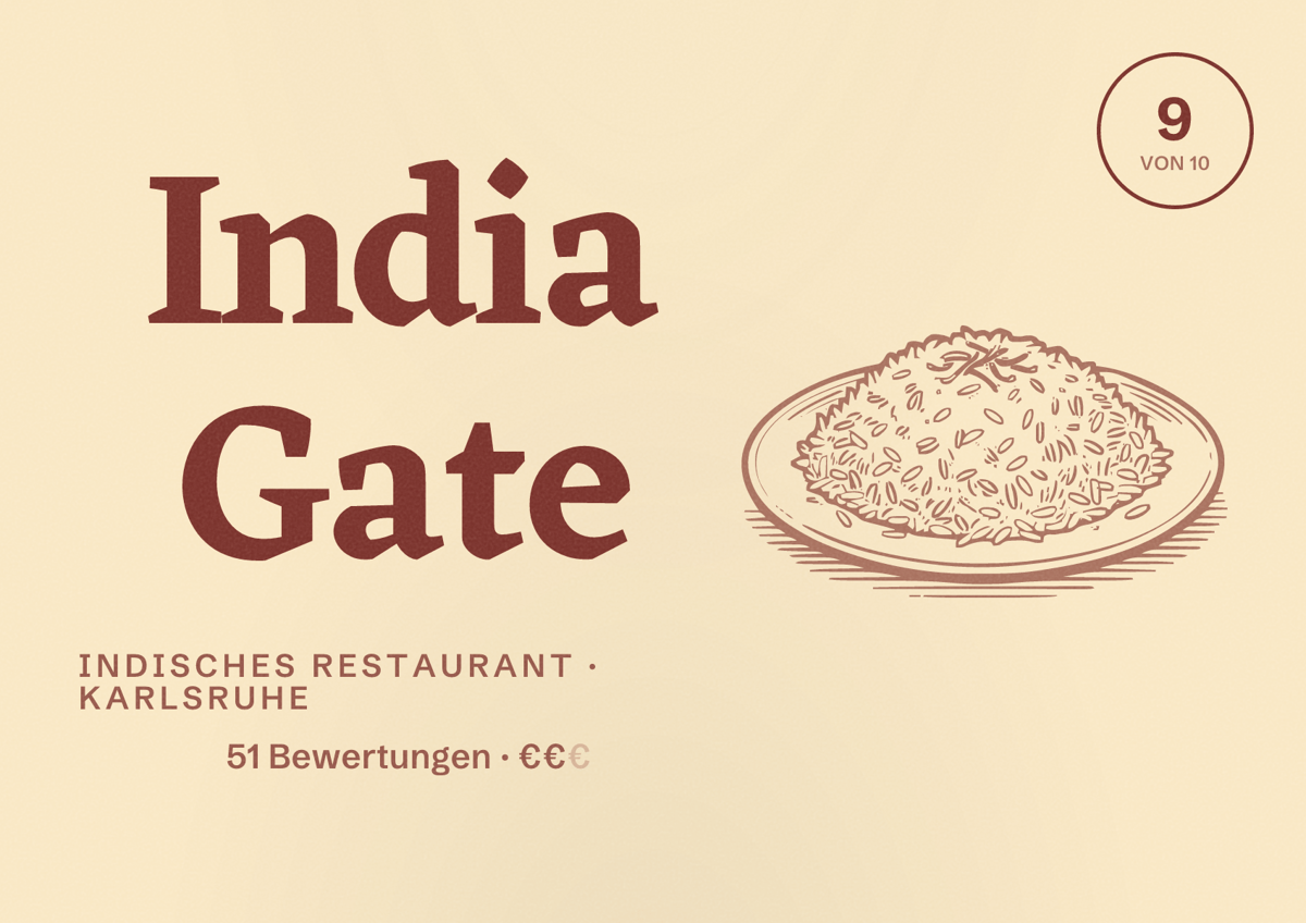 Illustriertes Poster von India Gate, Indisches Restaurant in Karlsruhe: Bewertung 9 von 10 aus 51 Bewertungen, Preisniveau €€