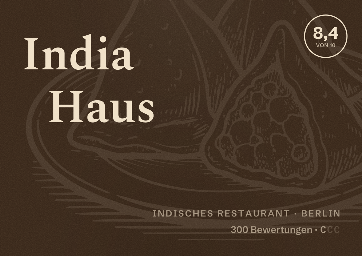 Illustriertes Poster von India Haus, Indisches Restaurant in Berlin: Bewertung 8,4 von 10 aus 300 Bewertungen, Preisniveau €